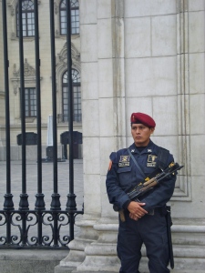 This policeman who is standing guard outside the president's residence carries a machine gun.