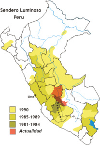 Map showing territory under control of the shining path over time. As of 1990, a significant portion of the country were under its influence.